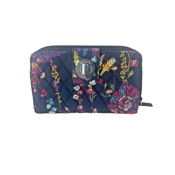 Vera Bradley RFID Turn Lock Wallet MIDNIGHT WILDFLOWER Quilted Pocket Zip-Around - Picture 1 of 8